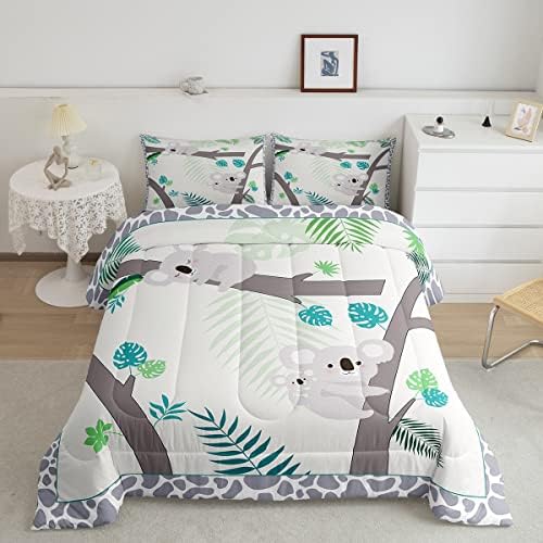 Kawaii Koala Comforter Set Tropical Leaves Bedding Set for Kids Girls