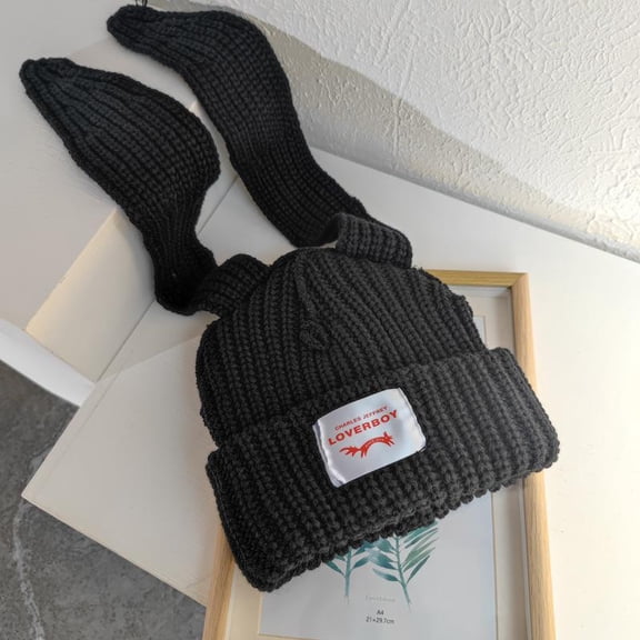 Kawaii Korean Style Cute LOVERBOY Bunny Long Ears Knitted Beanies Hat for Women Casual Y2K Soft Comfortable Funny Hats Winter Warm Thickened Ear Protection Cold Weather Beanie