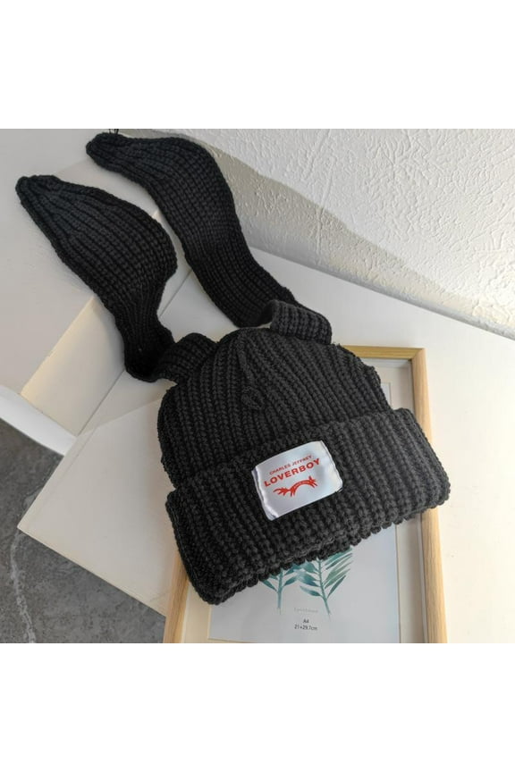 Kawaii Korean Style Cute LOVERBOY Bunny Long Ears Knitted Beanies Hat for Women Casual Y2K Soft Comfortable Funny Hats Winter Warm Thickened Ear Protection Cold Weather Beanie