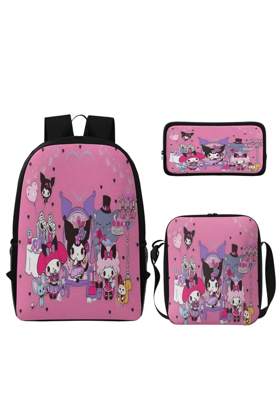 Kawaii Kuromi Backpack Fun cartoon three-piece backpack set: includes backpack lunch box and pencil case One size