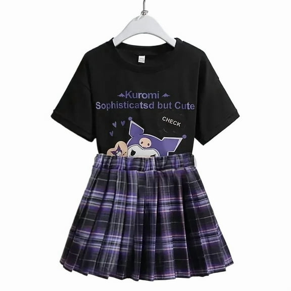 Kawaii Kuromi Short Sleeves Skirt Suit Preppy Style T-shirt Pleated Skirt Student Fashion Trend  Uniform