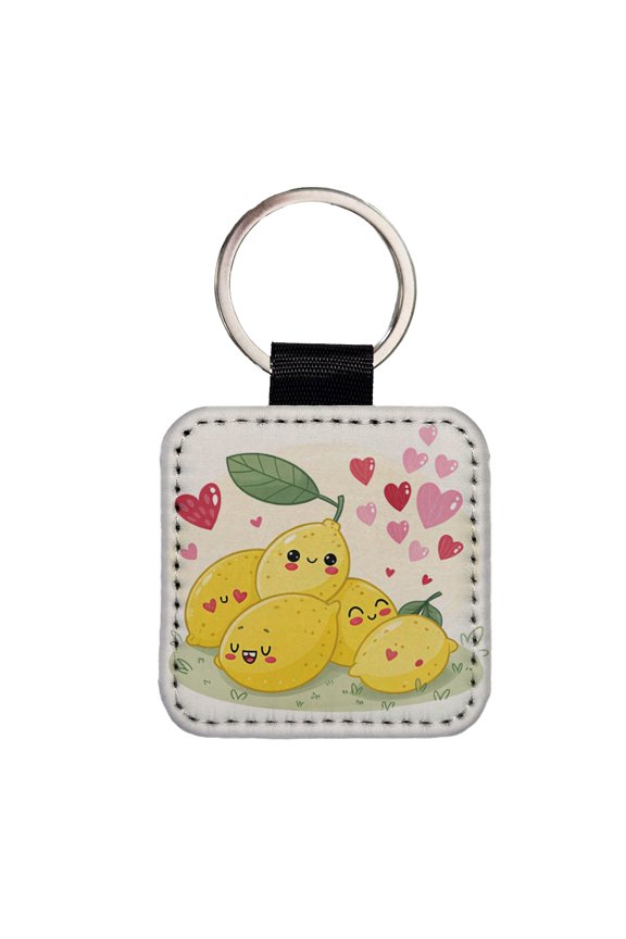 Kawaii Lemons And Hearts Faux Leather Square Keychain