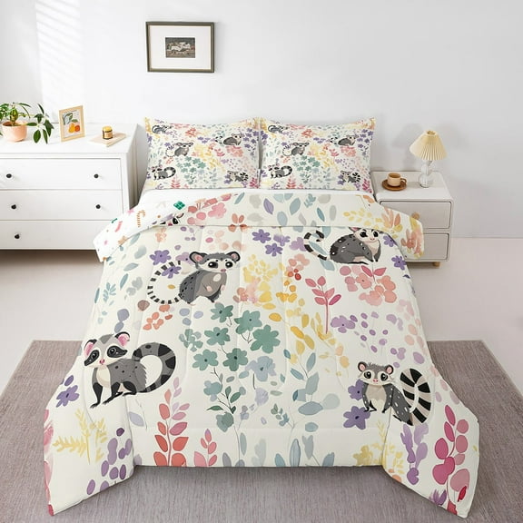 Kawaii Lemur Bedding Set Twin Size,Cartoon Lemur Floral Comforter Set for Kids Girls Boys,Cute Rainbow Flower Quilt Bed Set Animal Print Down Comforter with 1 Pillowcase