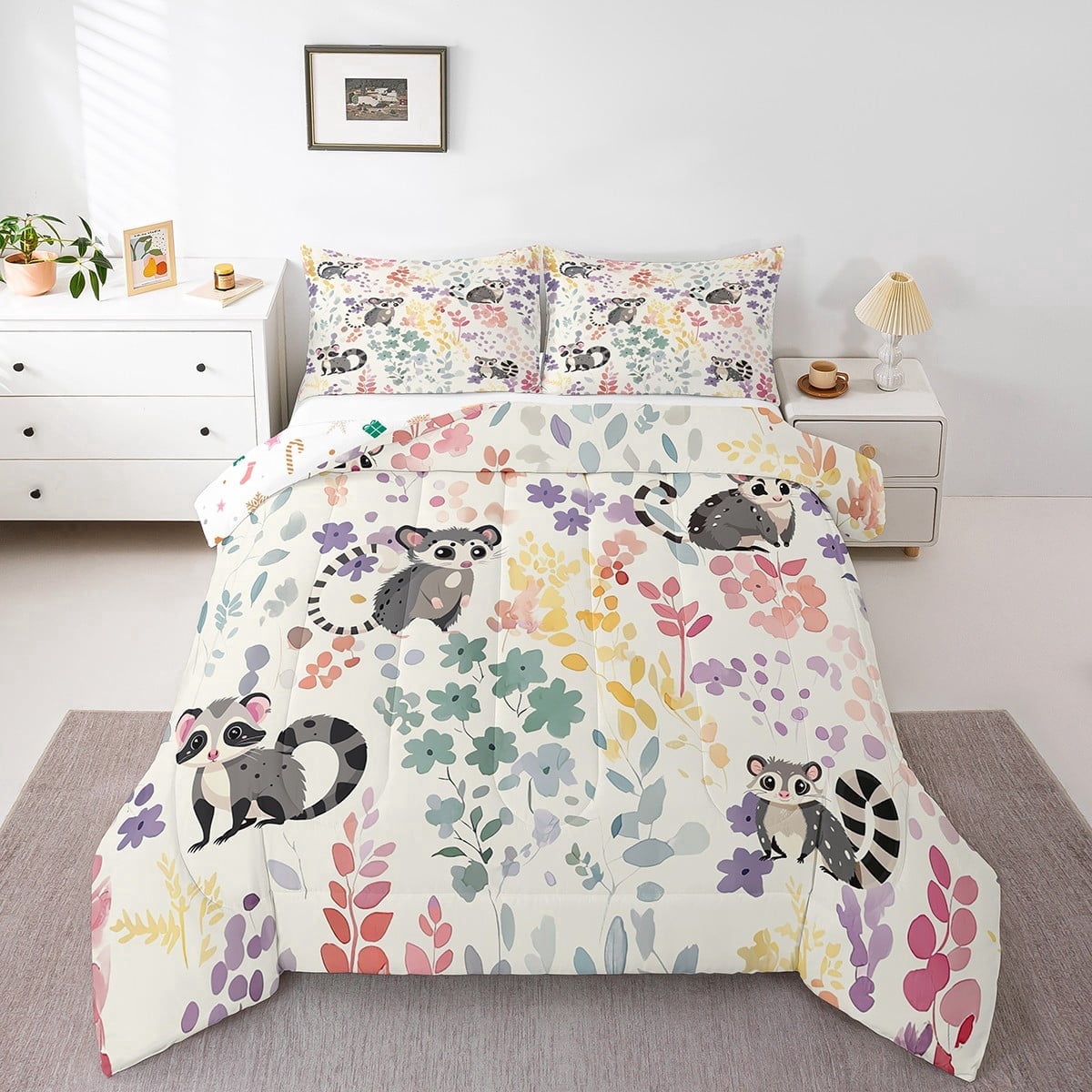 Kawaii Lemur Bedding Set Twin Size,Cartoon Lemur Floral Comforter&nbsp;Set for Kids Girls Boys,Cute Rainbow Flower Quilt Bed Set Animal Print Down Comforter with 1 Pillowcase
