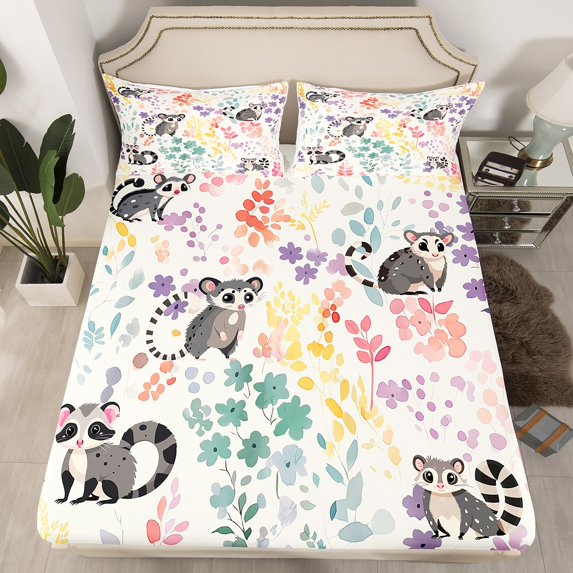 Kawaii Lemur Bedding Set Twin Size,Cartoon Lemur Floral Fitted Sheet,Cute Rainbow Flower Bottom Sheets Animal Print Bed Set 2Pcs (No Top Sheet)