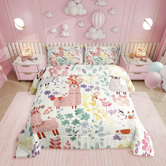 Kawaii Llama Comforter Set Queen Size,Cartoon Alpaca Floral Bedding Set,Cute Colorful Flower Quilt Bed Set Animal Print Flowers Down Comforter with 2 Pillowcases