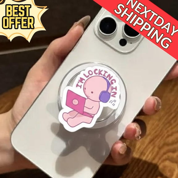 Kawaii Locking In Magnetic Phone Grip – Cute Character with Laptop & Headphones, MagSafe for Study and Work Lovers