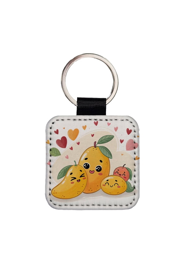 Kawaii Mangos And Hearts Faux Leather Square Keychain
