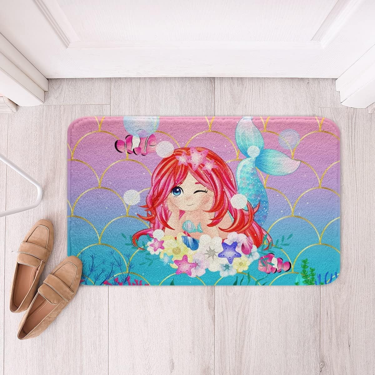 Kawaii Mermaid Bathroom Rug Cute Girls Princess Bathtub Rug for Bedroom