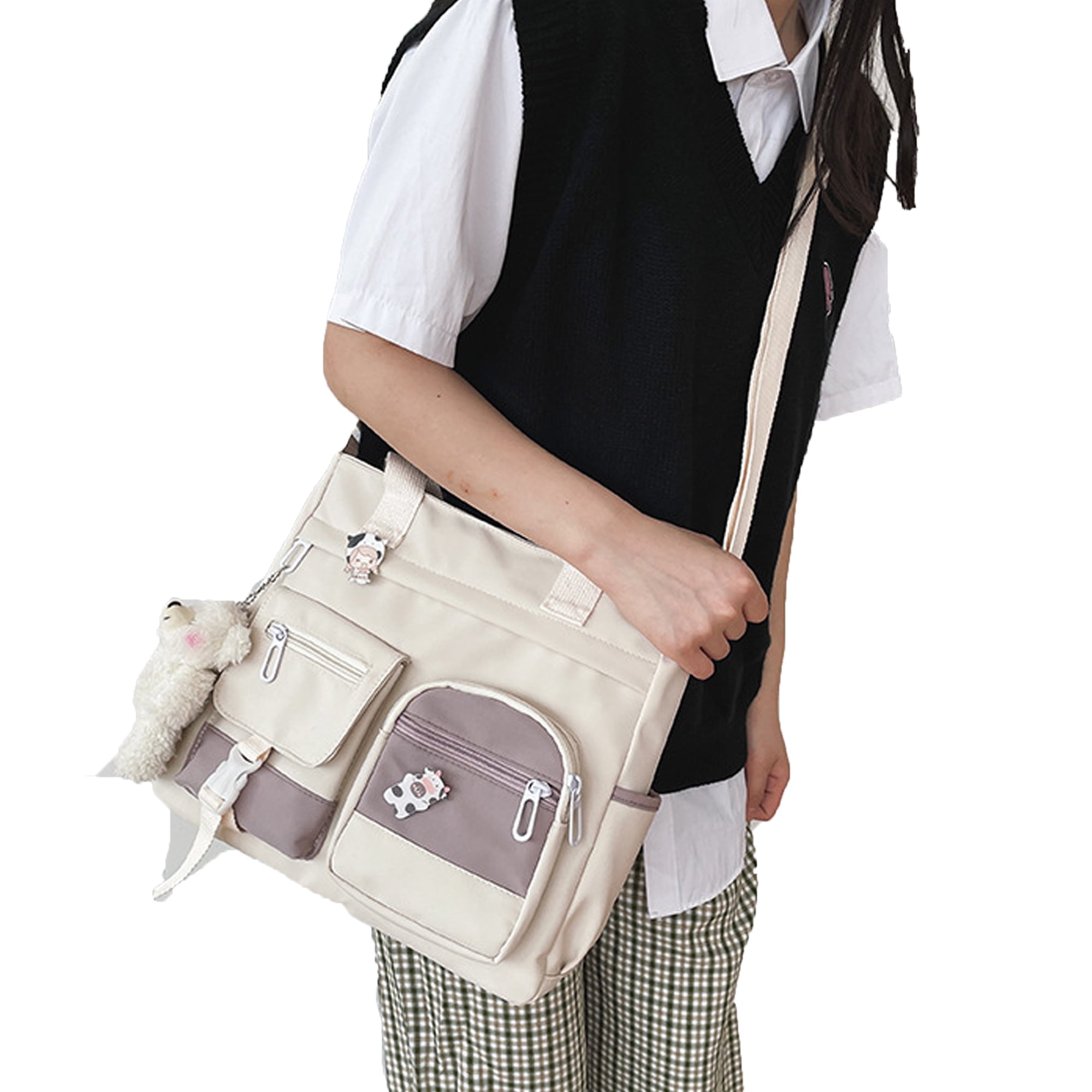 Kawaii Messenger Bag Nylon Shoulder Bag Crossbody Bag for Teen Girls(White)