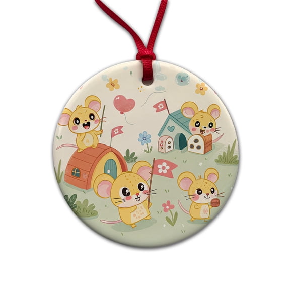Kawaii Mice Mouse Christmas Tree Holiday Round Ceramic Ornament