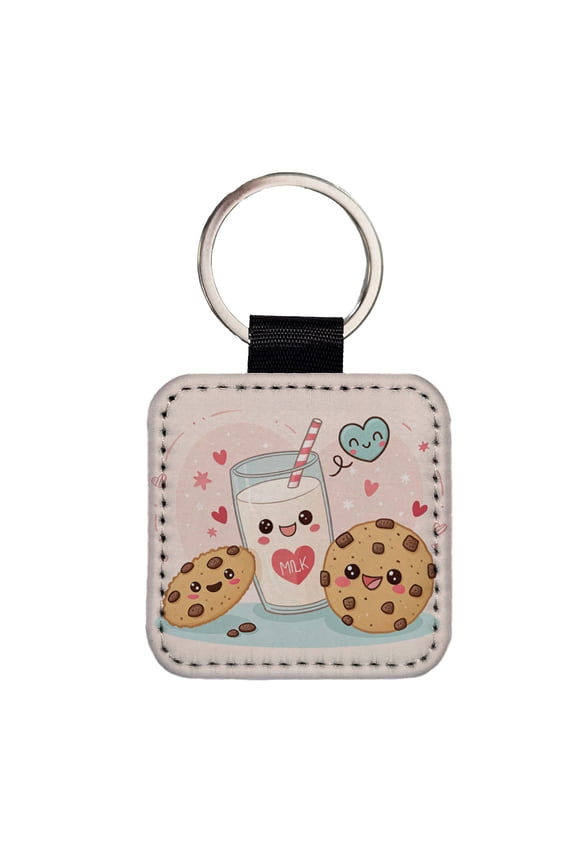 Kawaii Milk And Cookies Faux Leather Square Keychain