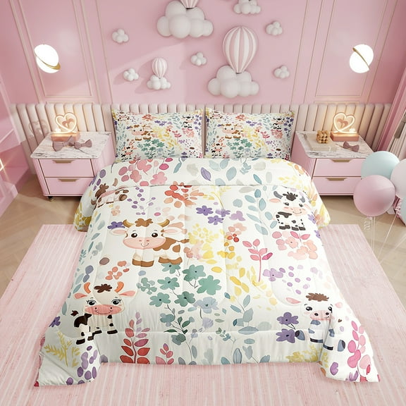 Kawaii Milk Cow Bedding Set Twin Size,Farmhouse Cow Cattle Flower Comforter Set,Cute Colorful Floral Quilt Bed Set Farm Animal Down Comforter with 1 Pillowcase