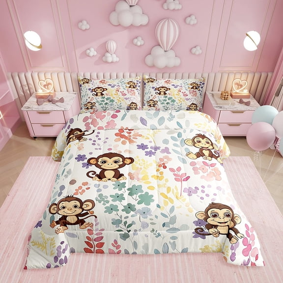 Kawaii Monkey Comforter Set Queen Size,Cartoon Monkey Flower Bedding Set,Watercolor Floral Quilt Bed Set Forest Wildlife Animal Down Comforter with 2 Pillowcases