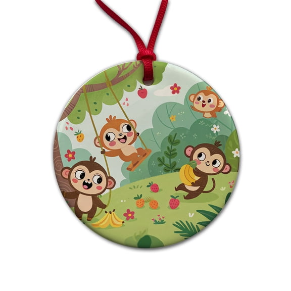 Kawaii Monkeys Christmas Tree Holiday Round Ceramic Ornament
