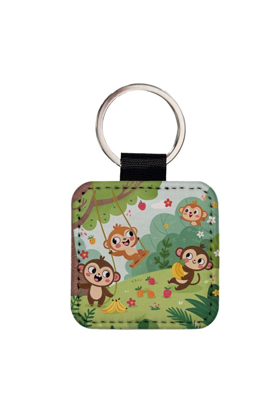 Kawaii Monkeys Faux Leather Square Keychain