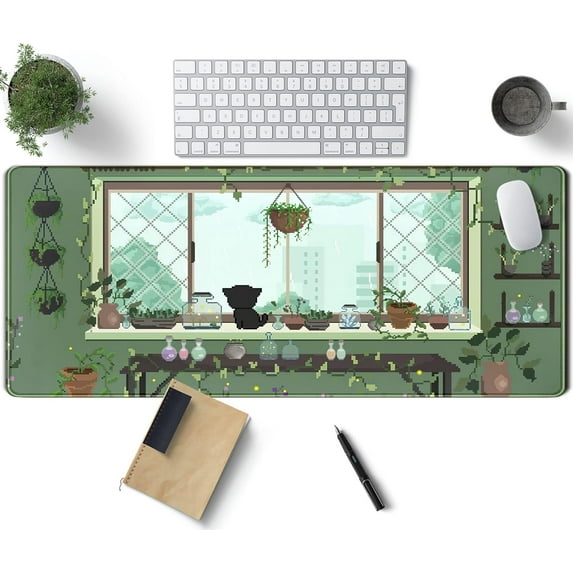 Kawaii Mouse Pad Cute Anime Cat Desk Mat Plant Green Cartoon Desk Pad Large Keyboard Pad Computer Mouse Pads for Women Desktop Office, Deskmat 31.5x11.8 in Stitched Edges with Non-Slip Desk Pads