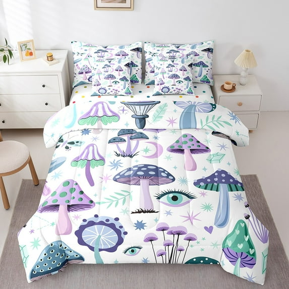 Kawaii Mushroom 7 Piece Bed in a Bag Twin Comforter Set, Cartoon Eyes Moon Print Bedding Sets For Teens, Cute Fungus Plant Soft Bed Comforter Sets, Leaves Botanical Sheets Set