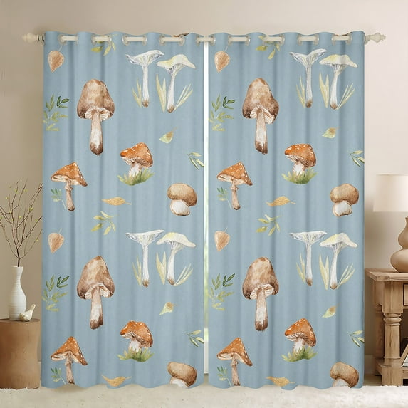 Kawaii Mushroom Curtains & Drapes Botanical Plants Blackout Curtains, Natural Wild Fungus Curtains Grey Blue Bedroom Curtains, Green Leaves Grass Window Drapes for All Seasons Bedroom Decor