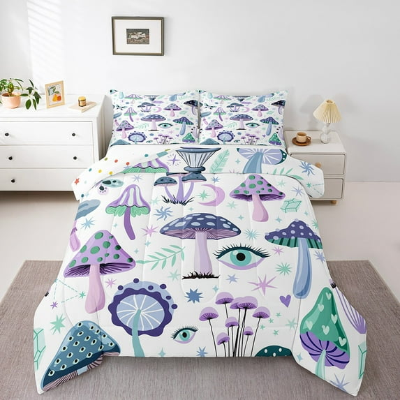Kawaii Mushroom Twin Comforter Set, Cartoon Eyes Moon Print Bed Set For Teens, Cute Fungus Plant Soft Down Comforter For Bedroom, Leaves Botanical Microfiber Quilt Set