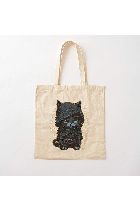 Kawaii Ninja Cartoon Cat Design Canvas Tote Bags, Reusable Shopping Bag