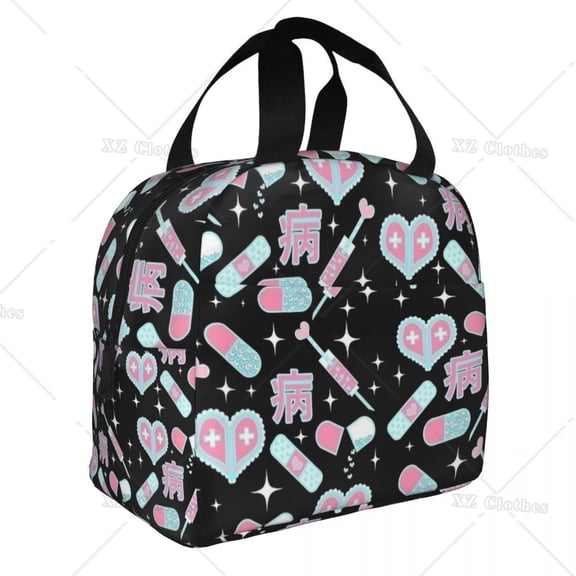 Kawaii Nurse Medicine Insulated Lunch Bag Cooler Container Reusable Lunch Box with Pocket for Men Women Beach Travel