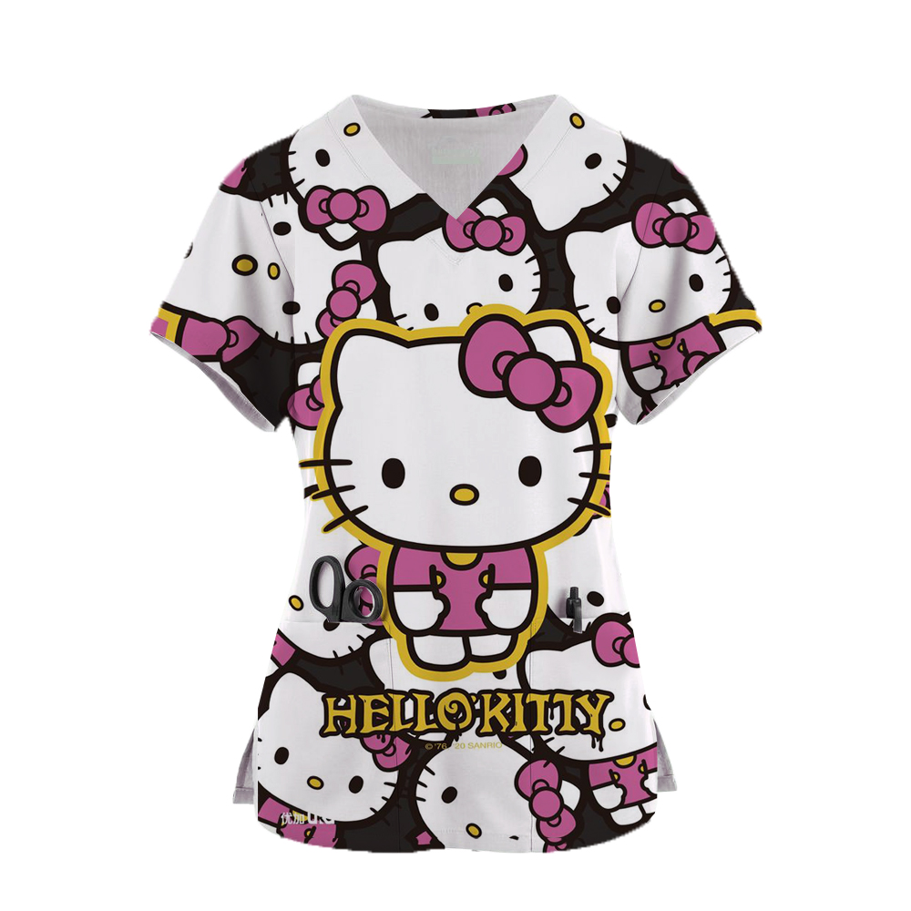 Kawaii Nurse Uniform Scrubs Hello Kitty Tops Womens Cartoon Print Short