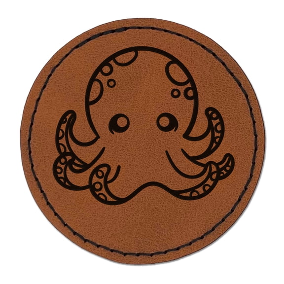 Kawaii Octopus 2.5" Faux Leather Round Engraved Iron-On Patch - Brown