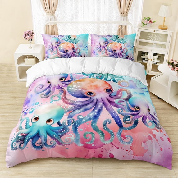 Kawaii Octopus Kids Duvet Cover Set, Colorful Octopus Bedding Set for Boys Girls,3 Pieces Ocean Theme Comforter Cover and 2 Pillowcases for Room Decor