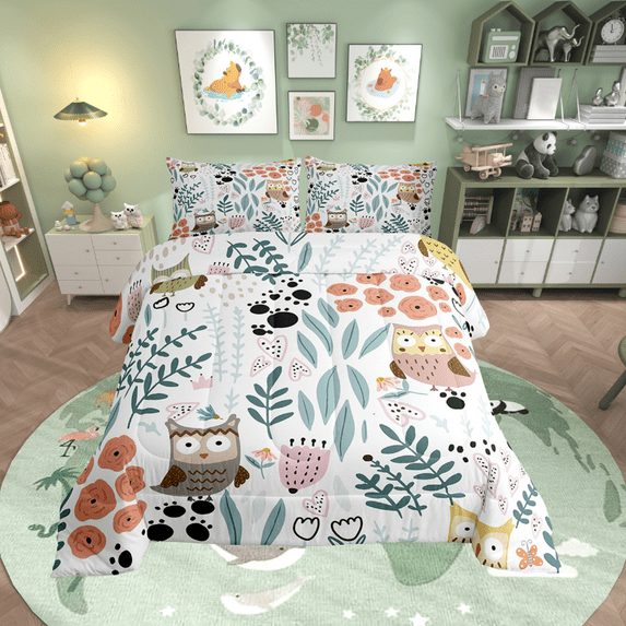 Kawaii Owl Bedding Set,Cartoon Owl Comforter Set Queen,Cute Love Heart Leaf Floral Comforter Set ,Paw Print Animals Quilt Duvet Insert with 2 Pillow Cases