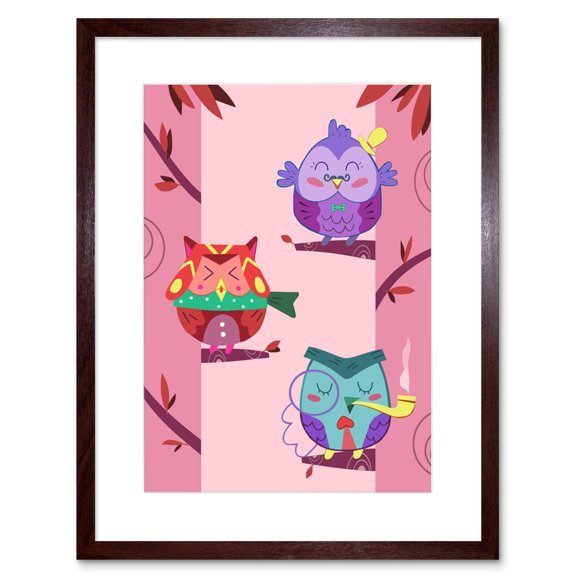 Kawaii Owls Tree Art Print Framed Poster Wall Decor 9x7 inch