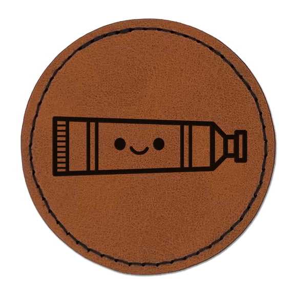 Kawaii Paint Tube Art Teacher School 2.5" Faux Leather Round Engraved Iron-On Patch - Brown