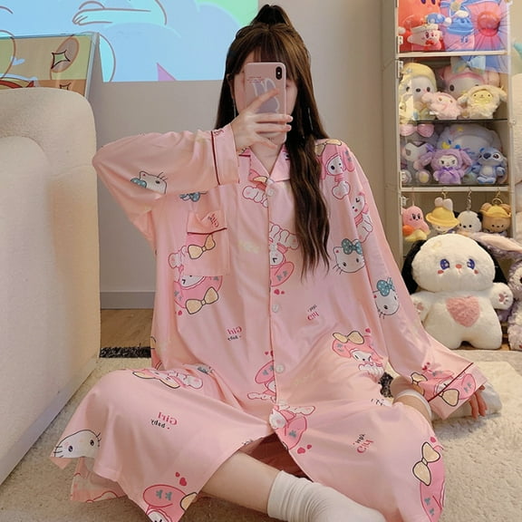 Kawaii Pajamas Hellokitty Mymelody Kuromi Cinnamoroll Anime Sanrios Cardigan Long Sleeves Large Size Loungewear Christmas Gifts