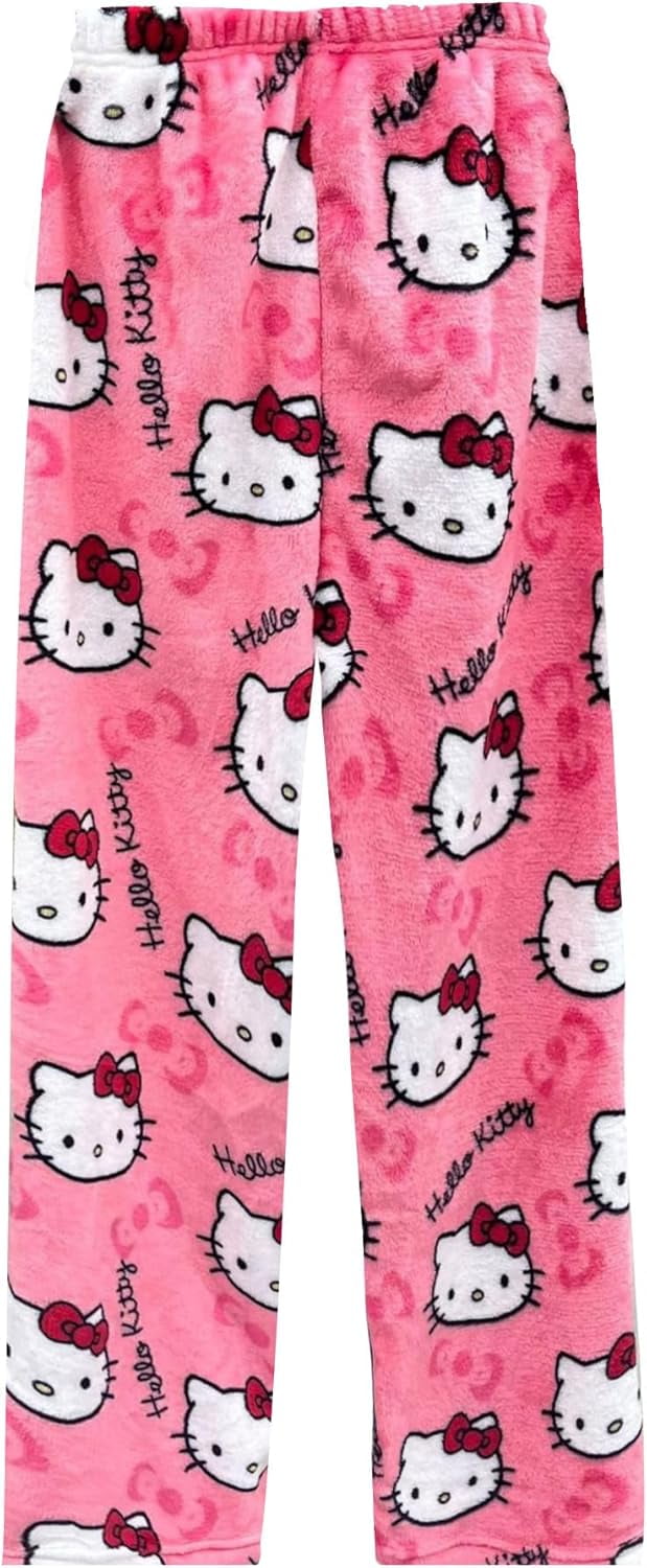 Kawaii Pajamas for Women Girls Cartoon Cat All Over Print Flannel