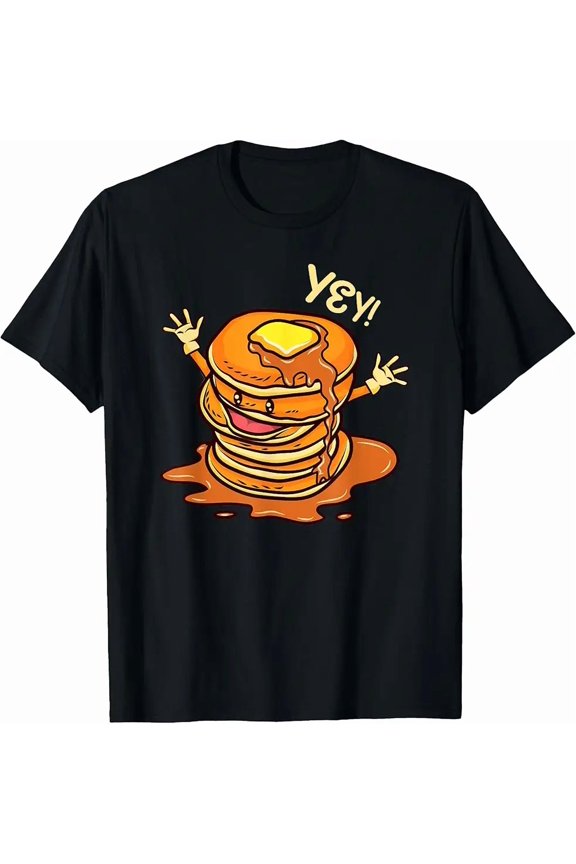 Kawaii Pancake Stack Cute Breakfast Illustration Cozy Winter Graphic T-Shirt, up to size 5XL