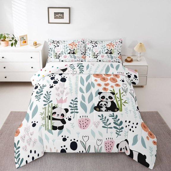 Kawaii Panda Bedding Set,Cartoon Panda Comforter Set Twin,Cute Love Heart Leaf Flower Comforter Set ,Paw Print Animals Quilt Duvet Insert with 1 Pillow Case