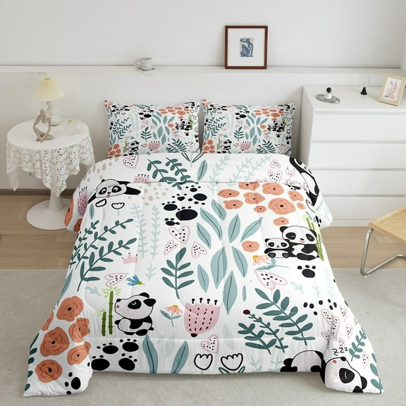 Kawaii Panda Bedding Set,Cartoon Panda Comforter Set Twin,Cute Love Heart Leaf Flower Comforter Set ,Paw Print Animals Quilt Duvet Insert with 1 Pillow Case