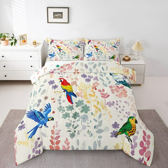 Kawaii Parrot Comforter Set Queen Size,Tropical Bird Parrot Bedding Set,Watercolor Floral Quilt Bed Set Wildlife Animal Flower Down Comforter with 2 Pillowcases