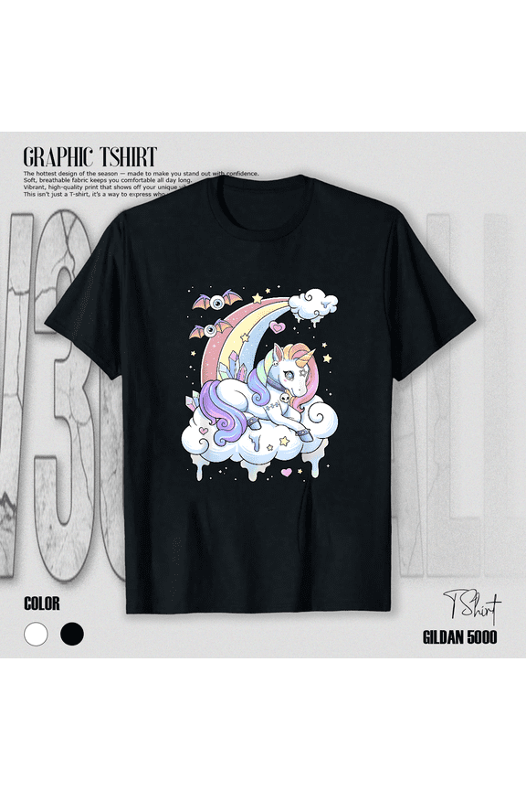 Kawaii Pastel Goth Creepy Cute Rainbow Unicorn Graphic Unisex T-Shirt V17325, up to size 5XL