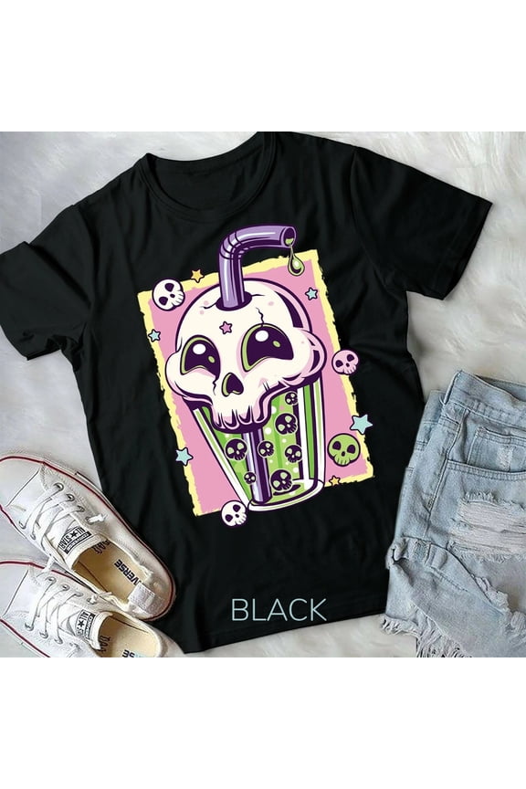 Kawaii Pastel Goth Creepy Skull Bubble Tea Unisex Form T-shirt