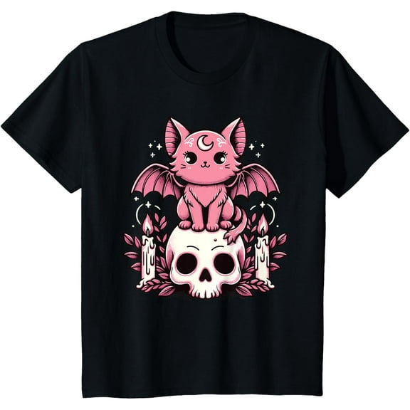 Kawaii Pastel Goth Cute Creepy Cat Bat Skeleton Boys Kids T-Shirt