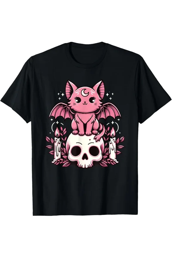 Kawaii Pastel Goth Cute Creepy Cat Bat Skeleton T-Shirt, for Men & Women, up to Size 5XL