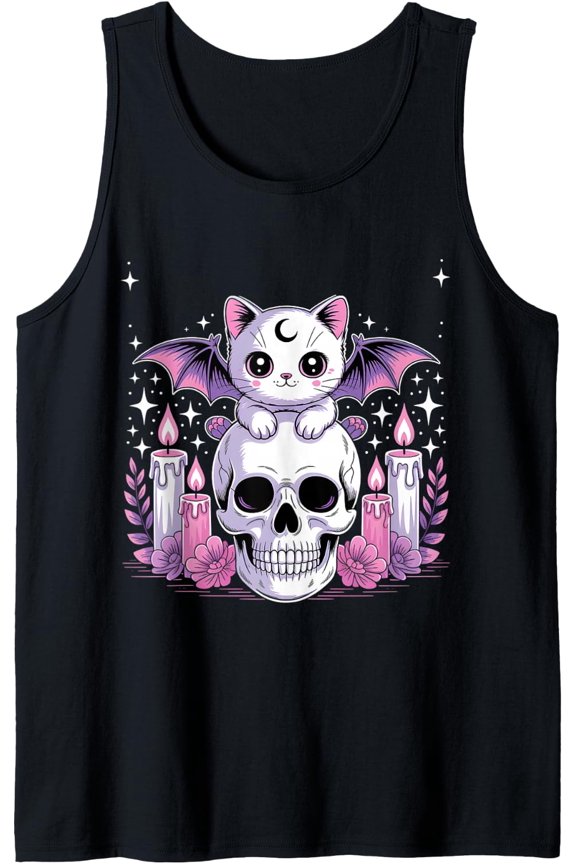 Kawaii Pastel Goth Cute Creepy Cat Bat Tank Top Size S-3XL