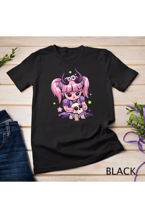 Kawaii Pastel Goth Cute Creepy Girl Skull Demon Evil Girl Unisex Tshirt
