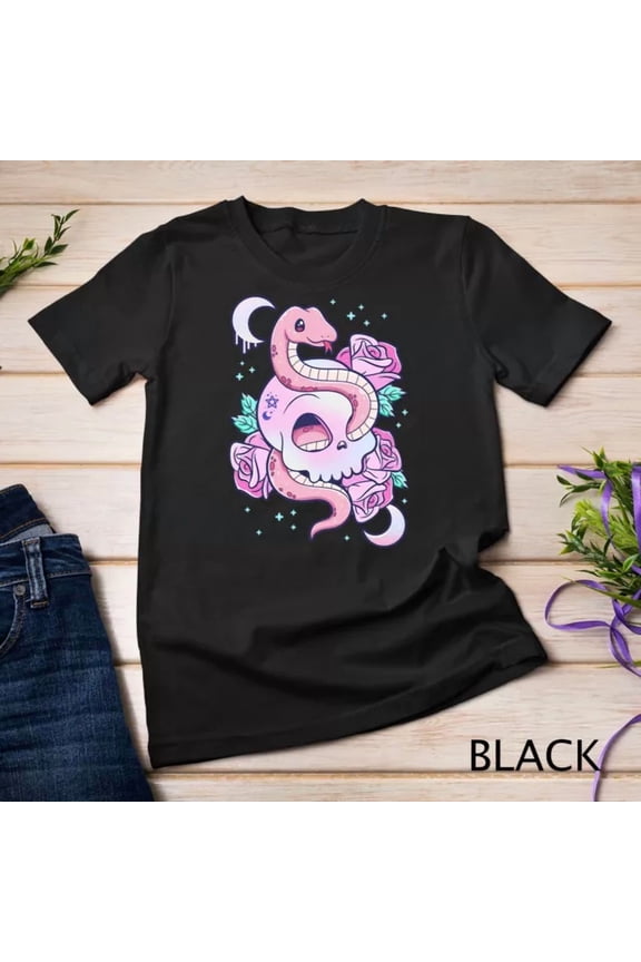 Kawaii Pastel Goth Cute Creepy Skull Serpent Snake Roses T-Shirt, Unisex T-Shirt