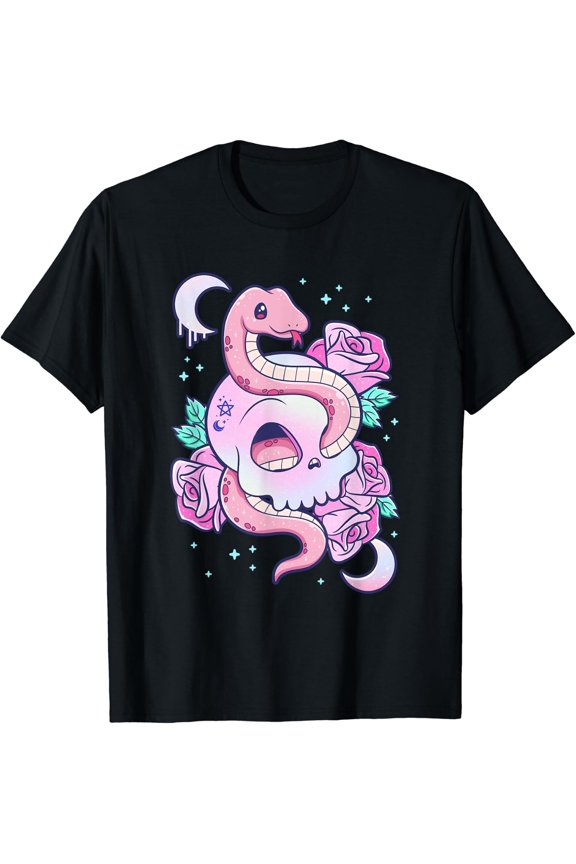Kawaii Pastel Goth Cute Creepy Skull Serpent Snake Roses T-Shirt