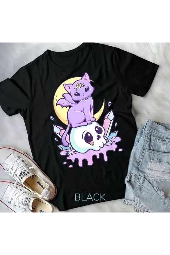 Kawaii Pastel Goth Cute Creepy Witchy Cat Skull Vaporwave Aesthetic T-Shirt