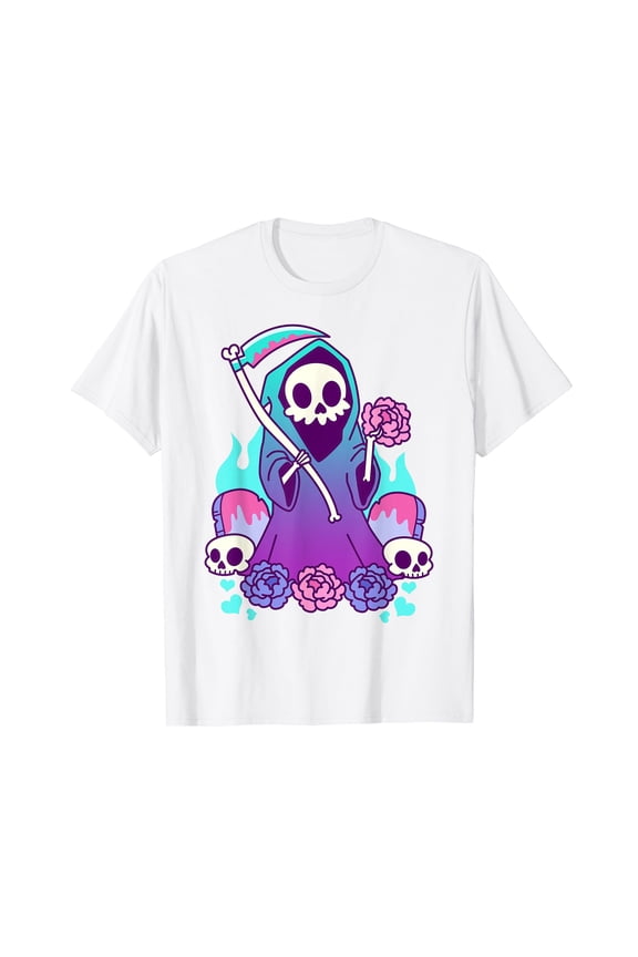 Kawaii Pastel Goth Grim Reaper With Roses Short Sleeve White T-Shirt
