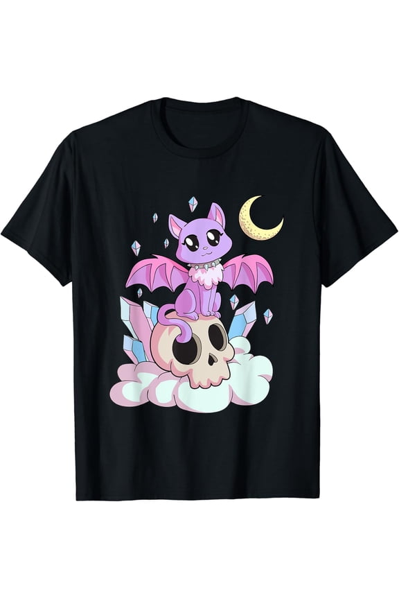 Kawaii Pastel Goth Witchy Cat and Skull Cute Creepy Cat T-Shirt