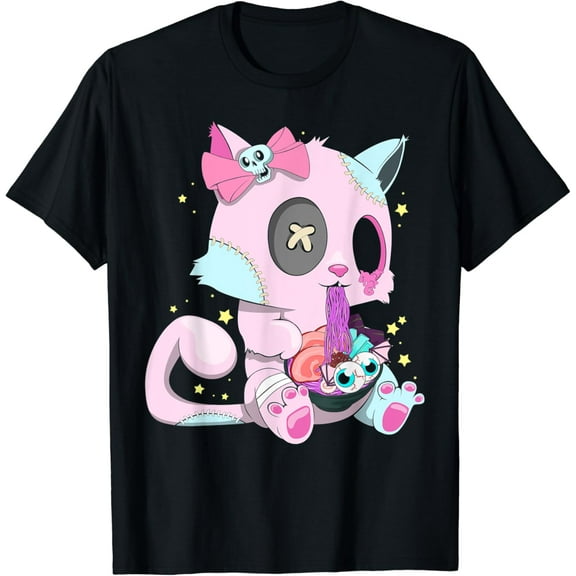 Kawaii Pastel Goth Witchy Cat eats Ramen Cute Creepy Cat T-Shirt